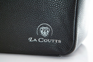 Close up of the La Coutts Toronto logo on a black leather Bella thermal designer handbag